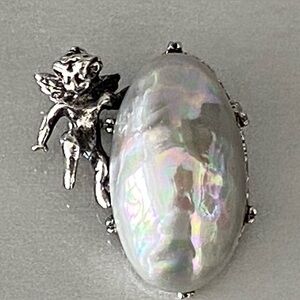 Vintage Gray Iridescent Pearl with Adorable Cherub Brooch